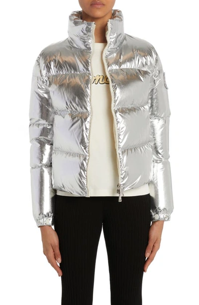 Moncler Metallic Puffer Jacket In Silver