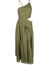 Zimmermann Women's Laurel Asymmetric Cut Out Ruched Sleeveless Midi Dress In Olive Green