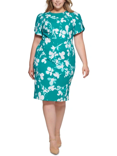 Calvin Klein Plus Womens Floral Knee Sheath Dress In Blue