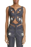 Area Butterfly Crystal Detail Raw Denim Top In Dark Indigo