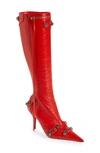 Balenciaga Cagole Lambskin Buckle Zip Knee Boots In Tomato Redaged Ni