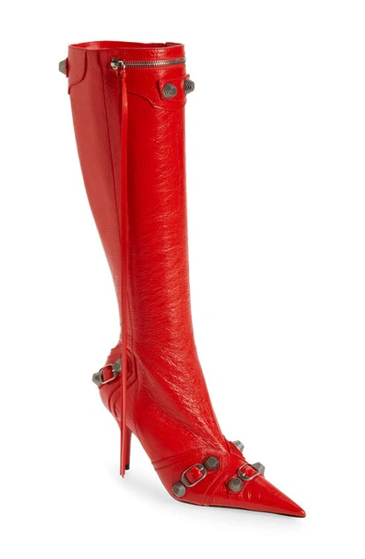 Balenciaga Cagole Lambskin Buckle Zip Knee Boots In Tomato Red