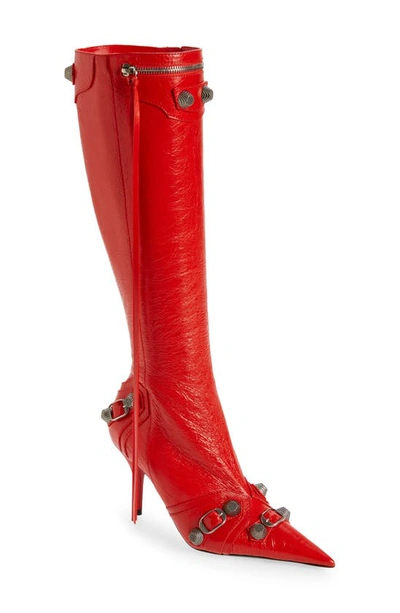 Balenciaga Cagole Lambskin Buckle Zip Knee Boots In Red