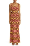 Johanna Ortiz Braided History Maxi Dress In Geometric Red/ Mustard/ Salmon