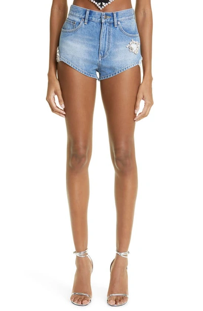 Area Crystal-embellished Distressed Denim Shorts In Light Indigo