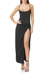 Afrm Delaney Knot Slit Hem Maxi Slipdress In Noir