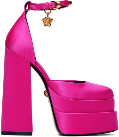 Versace Runway Aevitas 155 Fuchsia Pink Satin Gold Crystal Medusa Platform