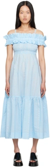 Ganni Seersucker Check Smocked Maxi Dress In 495 Ice Water