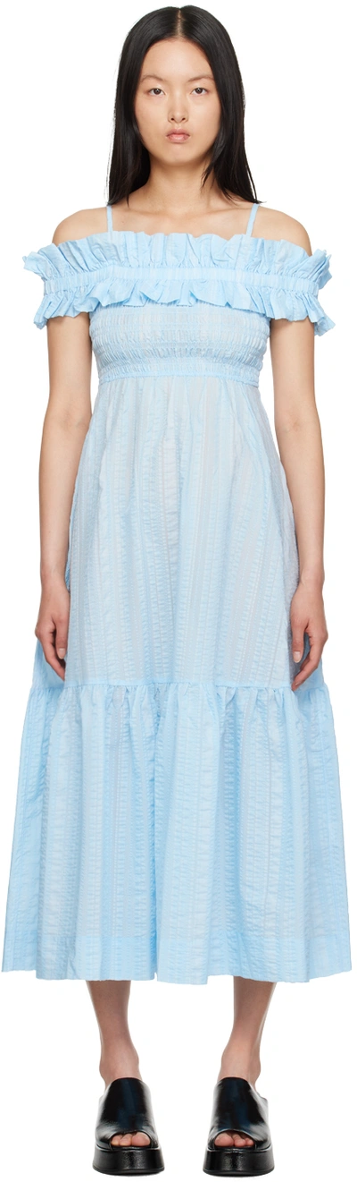 Ganni Seersucker Smocked Maxi Dress In Light Blue