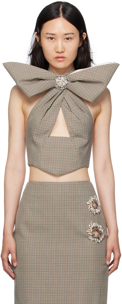 Area Crystal-embellished Bow-detailed Houndstooth Wool Halterneck Top In Brown