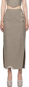Area Crystal-embellished Cutout Houndstooth Wool Midi Skirt In Brown/ivory