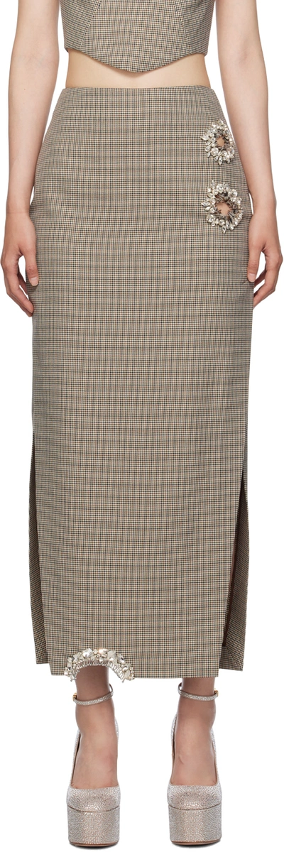 Area Crystal-embellished Cutout Houndstooth Wool Midi Skirt In Brown