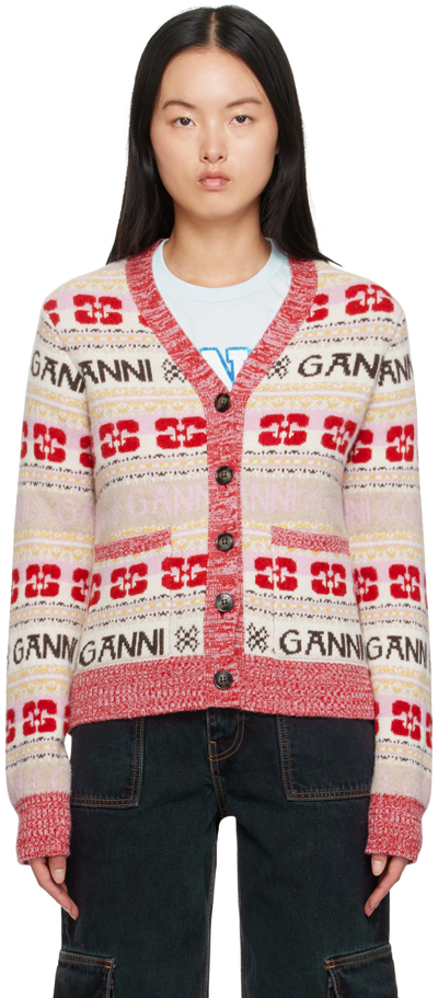 Ganni Yellow Logo Mix Long Sleeve Cardigan In Red