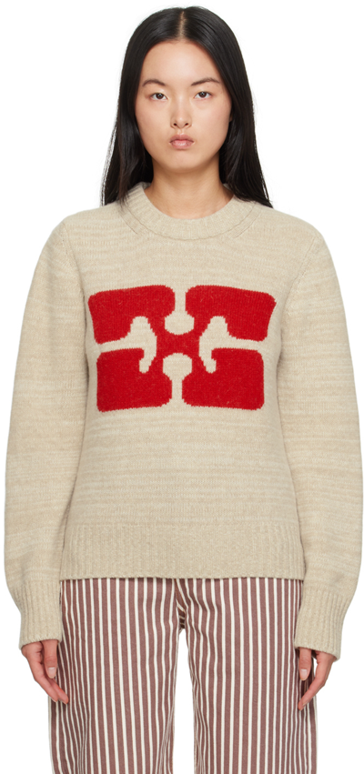 Ganni Graphic Crewneck Wool Blend Sweater In Beige