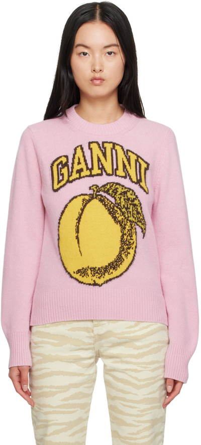 Ganni Graphic Embroidered Crewneck Pullover In Yellow & Orange