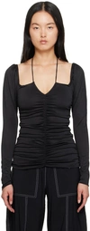Ganni Black Blouse With Criss-cross Straps And Long Sleeves In Recycled Fabric Woman In 099 Black