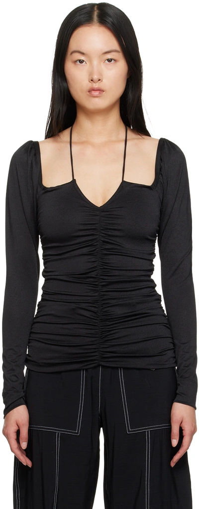 Ganni Black Blouse With Criss-cross Straps And Long Sleeves In Recycled Fabric Woman