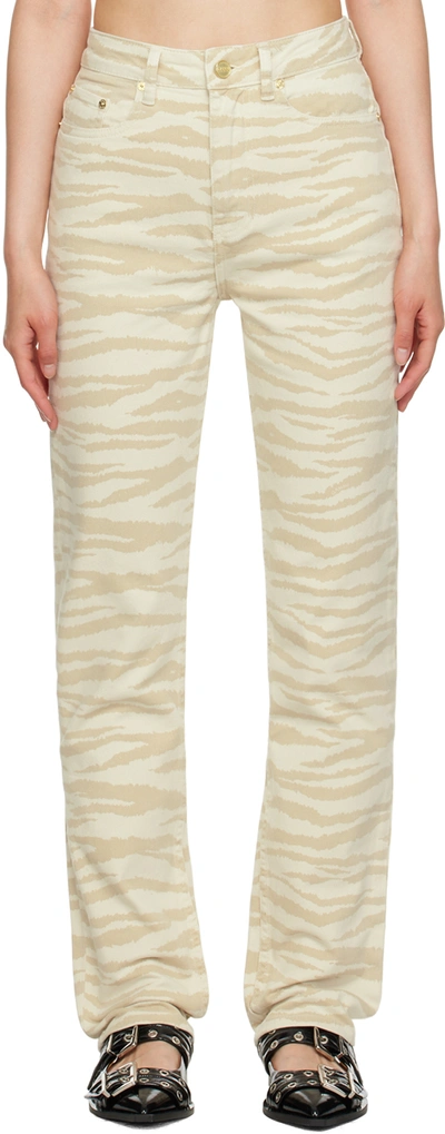 Ganni Betzy Printed Straight Cropped Jeans In Pale Khaki