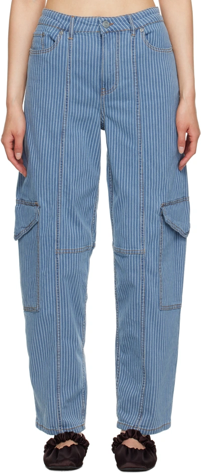 Ganni Striped Cargo Jeans In Blue