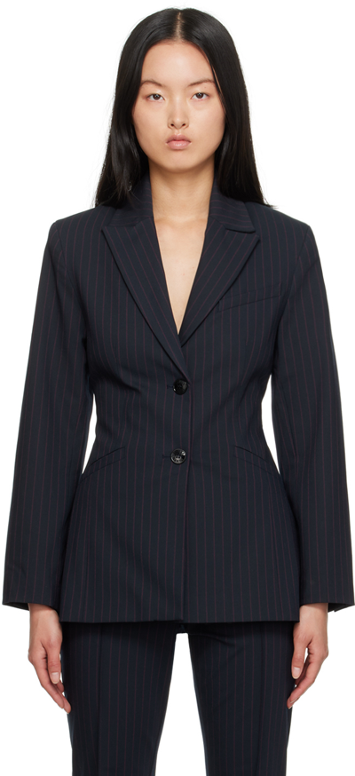 Ganni Blue Pinstripe Single Breasted Blazer In Multi-colored