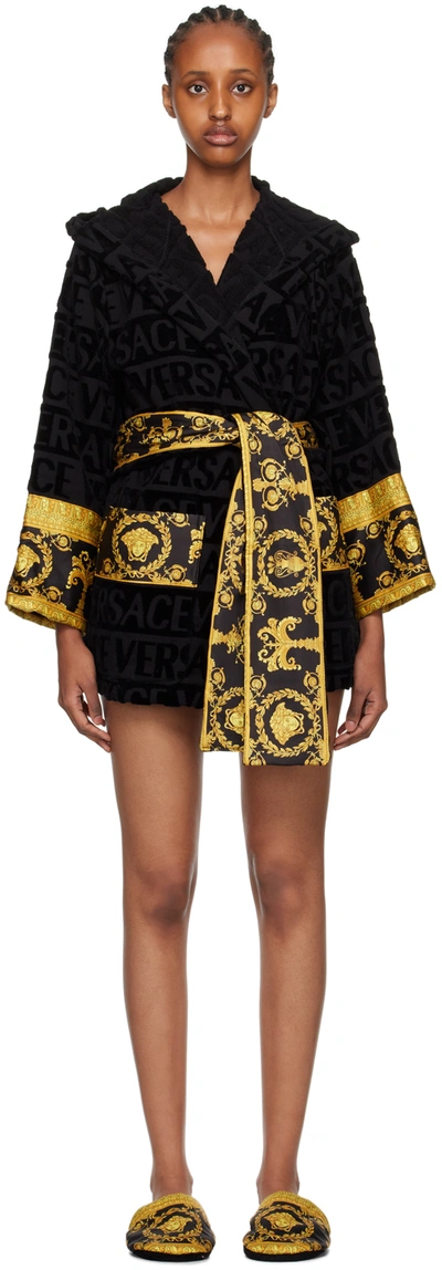 Versace Barocco-print Cotton Robe In Black