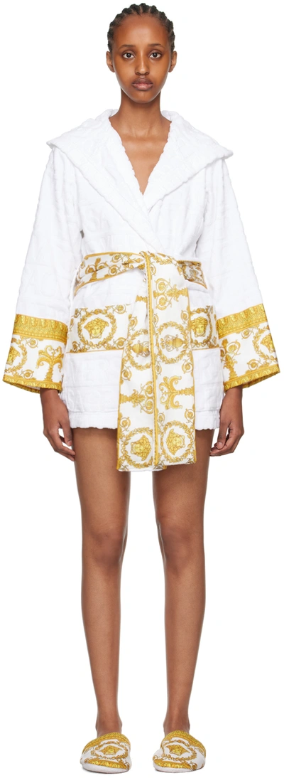 Versace I Heart Baroque Hooded Short Bathrobe In Bianco