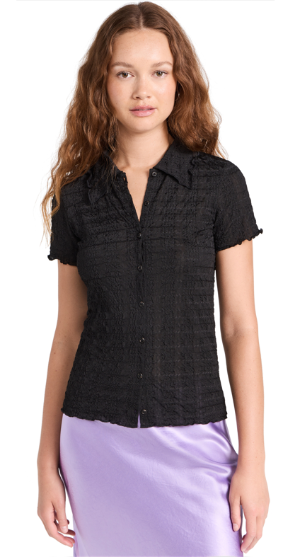Vince Smocked Short-sleeve Button-front Shirt In Black