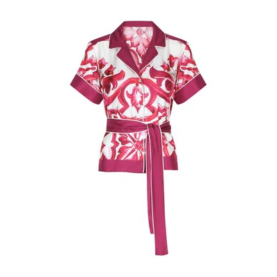 Dolce & Gabbana Majolica-print Twill Shirt With Belt In Tris_maioliche_fuxia
