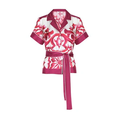 Dolce & Gabbana Majolica-print Twill Shirt With Belt In Pink