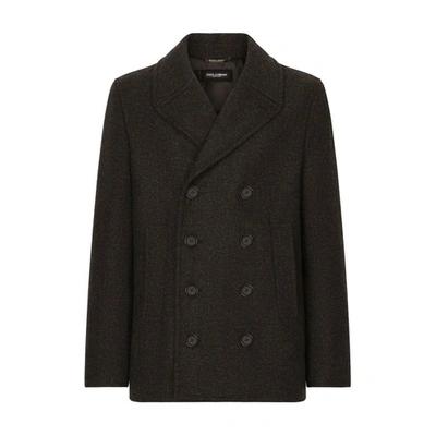 Dolce & Gabbana Double-breasted Wool Pea Coat With Branded Tag In Melange_grey