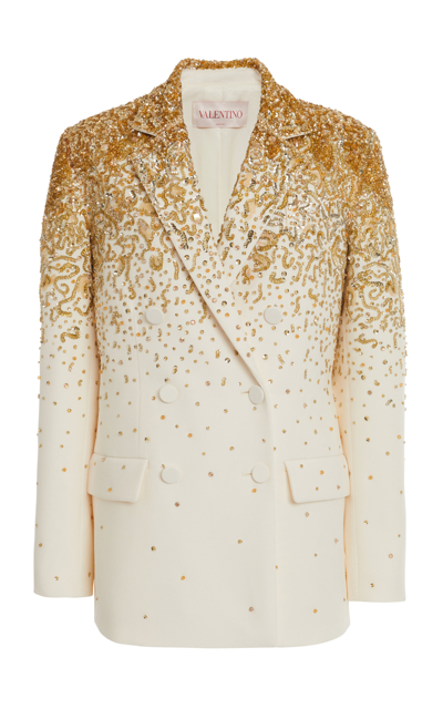Valentino Embroidered Double-breasted Wool-blend Blazer In White