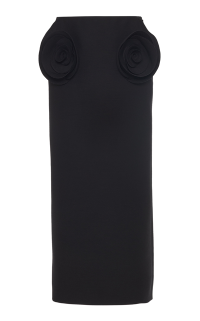 Valentino Flower-detailed Wool-silk Midi Skirt In Black