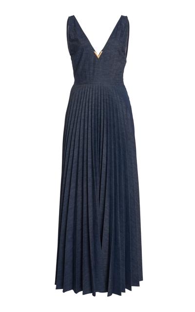 Valentino Pleated Denim Maxi Dress In Medium Wash | ModeSens