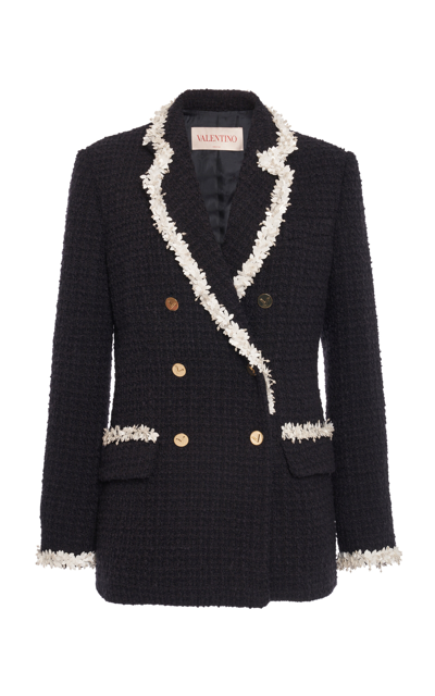 Valentino Embroidered Trim Double-breasted Jacket In Navy