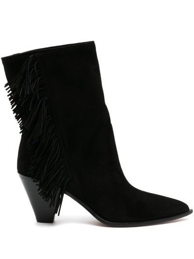 Aquazzura 75mm Fringe-detail Ankle Boots In Schwarz