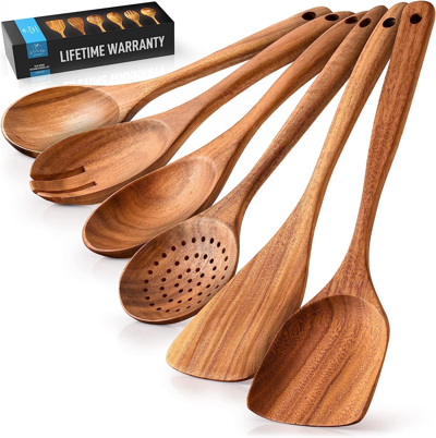Zulay Kitchen Teak Wooden Cooking Spoons (6 Pc Set) In Brown