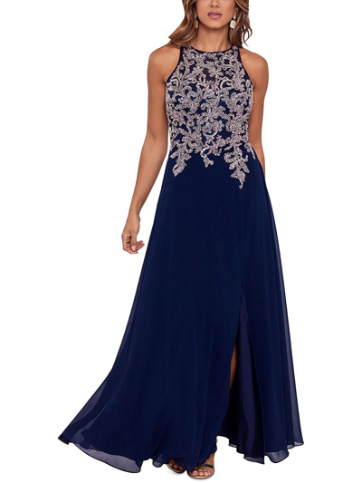 Betsy & Adam Petites Womens Embroidered Maxi Evening Dress In Blue