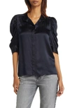 Frame Gillian Three-quarter Sleeve Silk Button-up Shirt In Navy