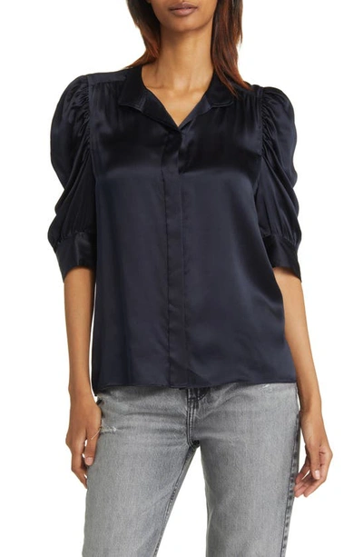 Frame Gillian Three-quarter Sleeve Silk Button-up Shirt In Navy