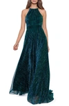 Betsy & Adam Long Halter Neck Metallic Crinkle Dress In Jade