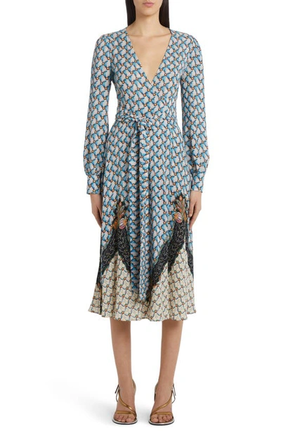 Etro Lattice Floral Print Long Sleeve Stretch Crepe Dress In Blue