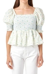 ENGLISH FACTORY FLORAL PRINT PUFF SLEEVE PEPLUM BLOUSE