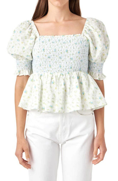 English Factory Floral Print Puff Sleeve Peplum Blouse In Blue Multi