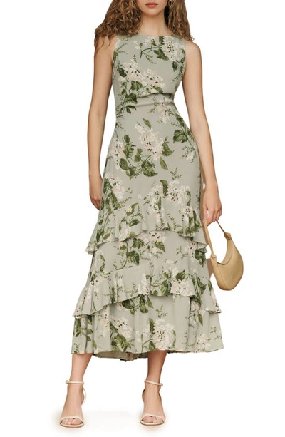 Reformation Magnus Tiered Ruffle Silk Dress In Tea Garden