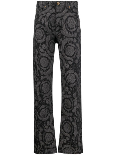 Versace Barocco-jacquard Straight-leg Jeans In Grey