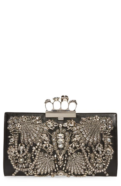 Alexander Mcqueen Crystal Embellished Four-ring Flat Pouch Clutch In 8500 Black