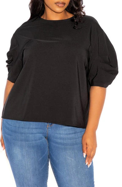 Buxom Couture Ruched Puff Sleeve Blouse In Black