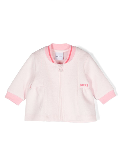 Bosswear Babies' 条纹衣领珠地布开衫 In Pink