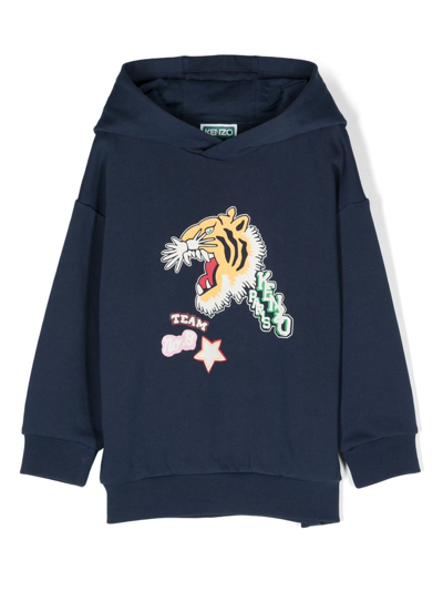 Kenzo Kids' Tiger-print Cotton Hoodie In Blue