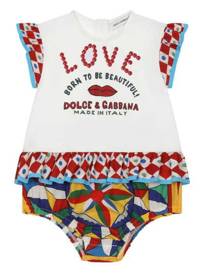 Dolce & Gabbana Babies' Carretto Print Ruffled Shorties In White